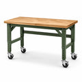 Tavolo da lavoro in legno di faggio e acciaio con ruote verde 120x60x90 cm