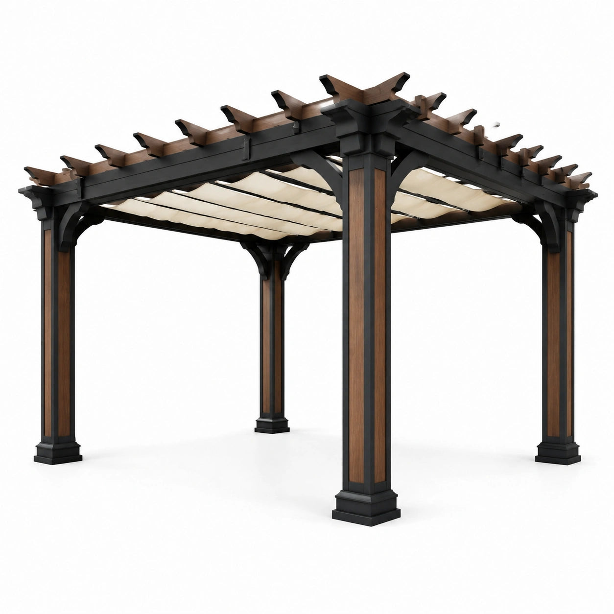 Pergola da Giardino in Metallo e Legno Nero con Copertura Avvolgibile