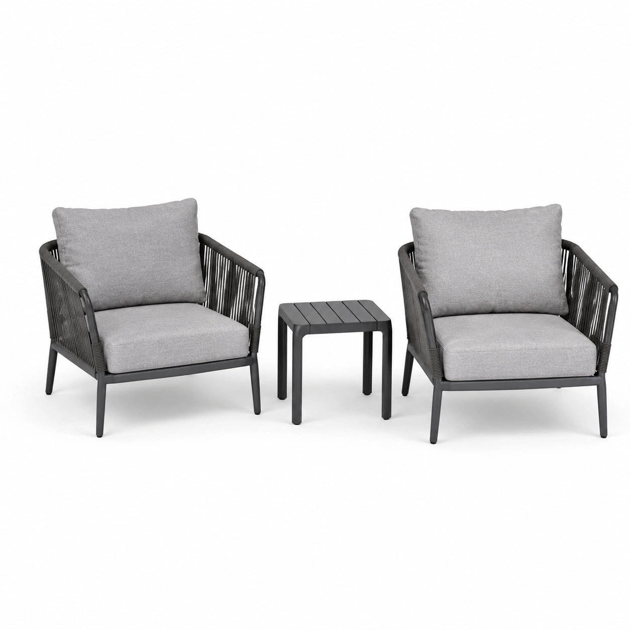 Set da giardino in metallo e tessuto grigio con due poltrone e tavolino