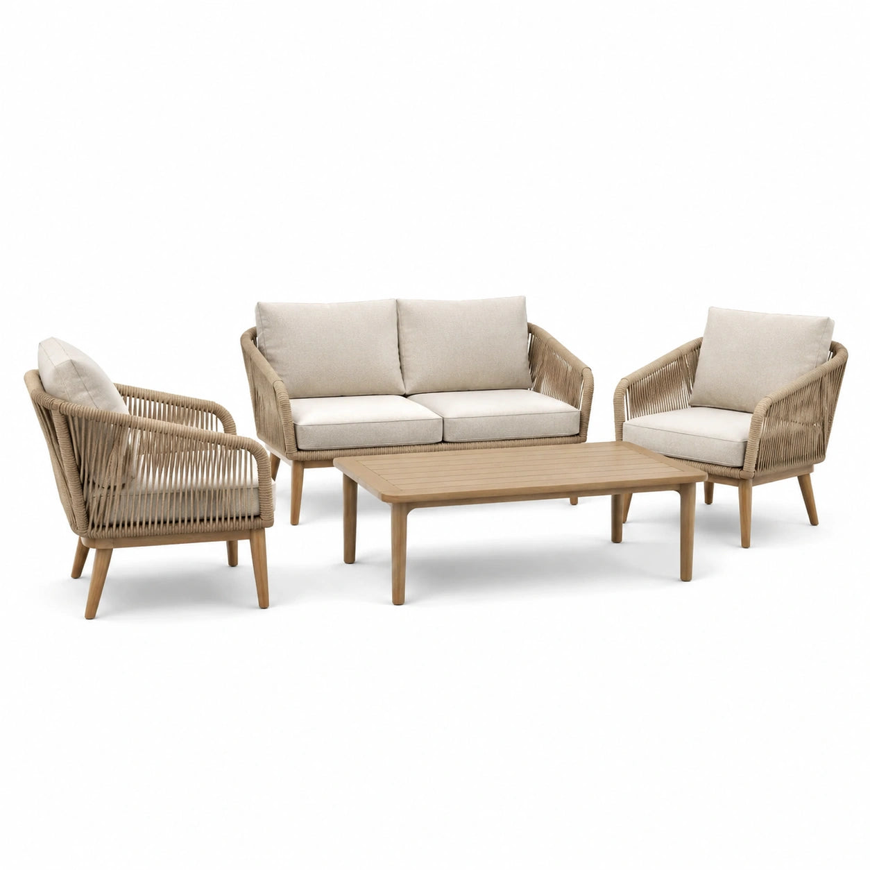 Set salotto da giardino in legno e rattan 4 pezzi beige