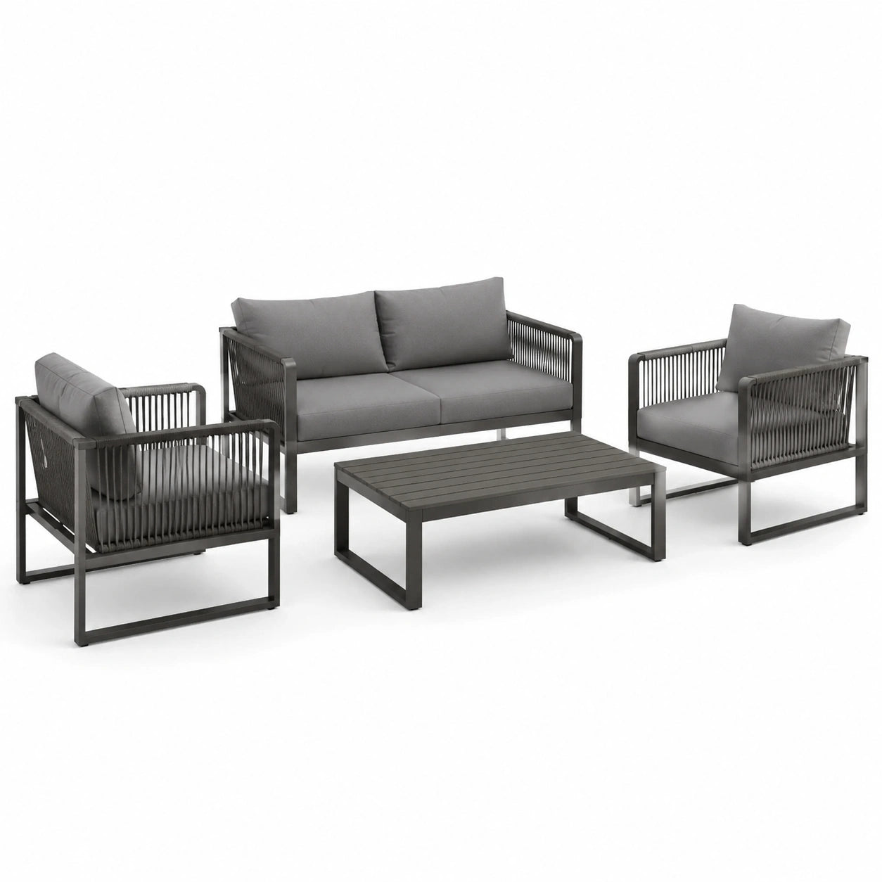 Set da giardino in alluminio e poliestere grigio con divano, poltrone e tavolino