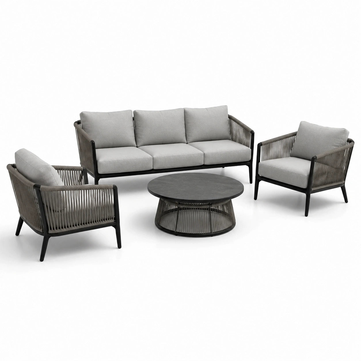 Set salotto da esterno in alluminio e corda con cuscini grigi