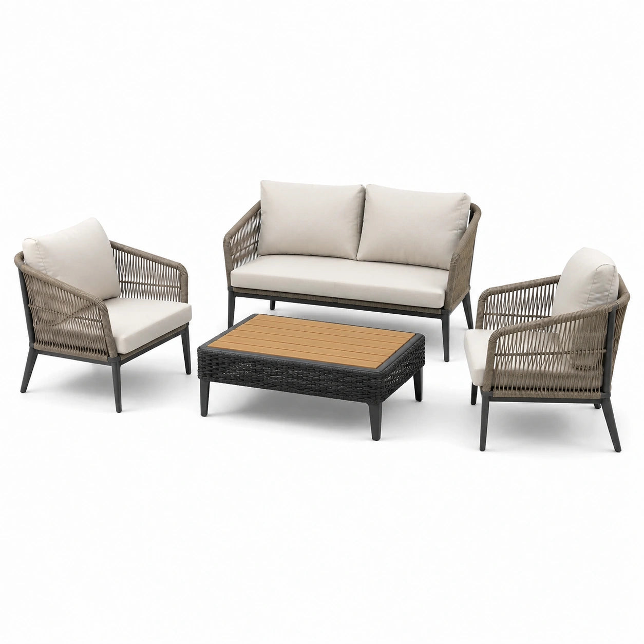 Set salotto da giardino in alluminio, legno e corda sintetica con cuscini in poliestere beige