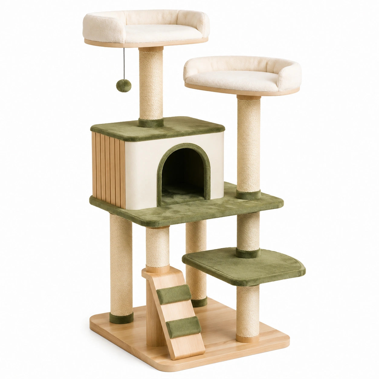 Tiragraffi per Gatti a 3 Livelli in Legno e Peluche Beige/Verde