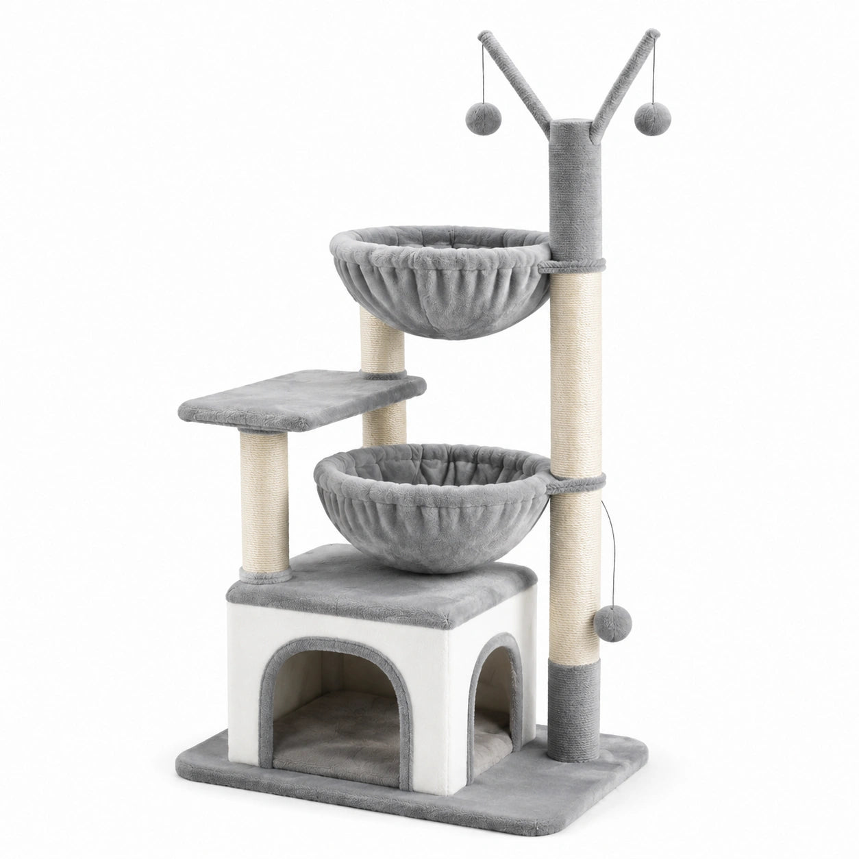 Albero Tiragraffi per Gatti in Legno e Peluche Sintetico Grigio con Nicchia