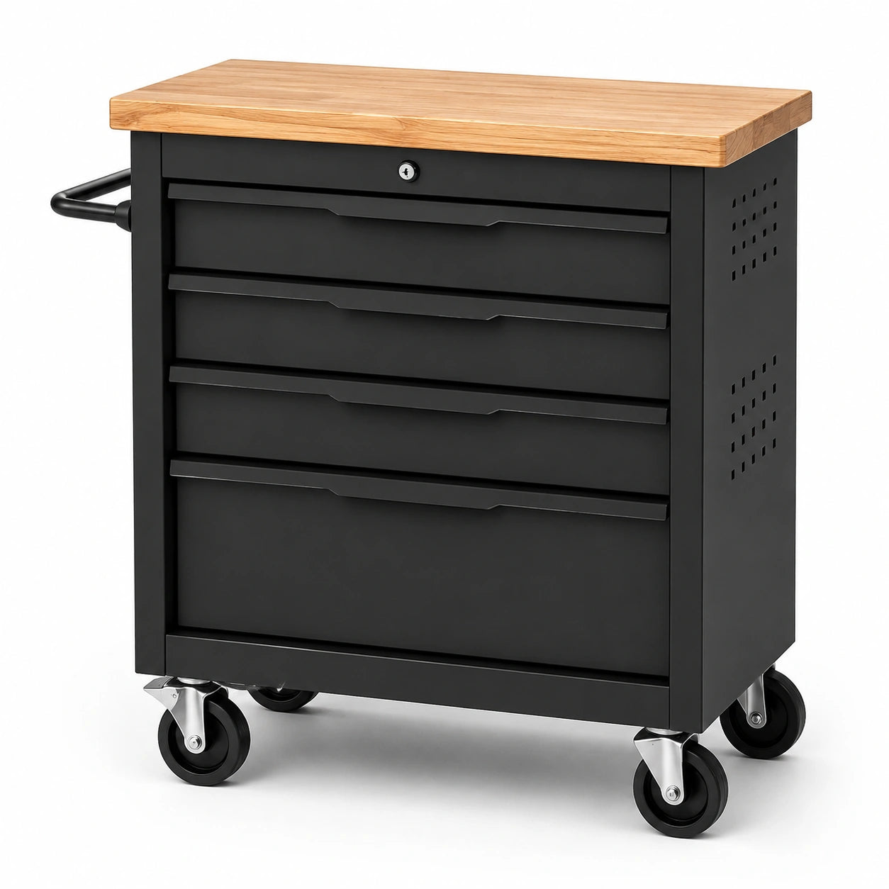 Carrello portautensili in metallo nero con piano in quercia