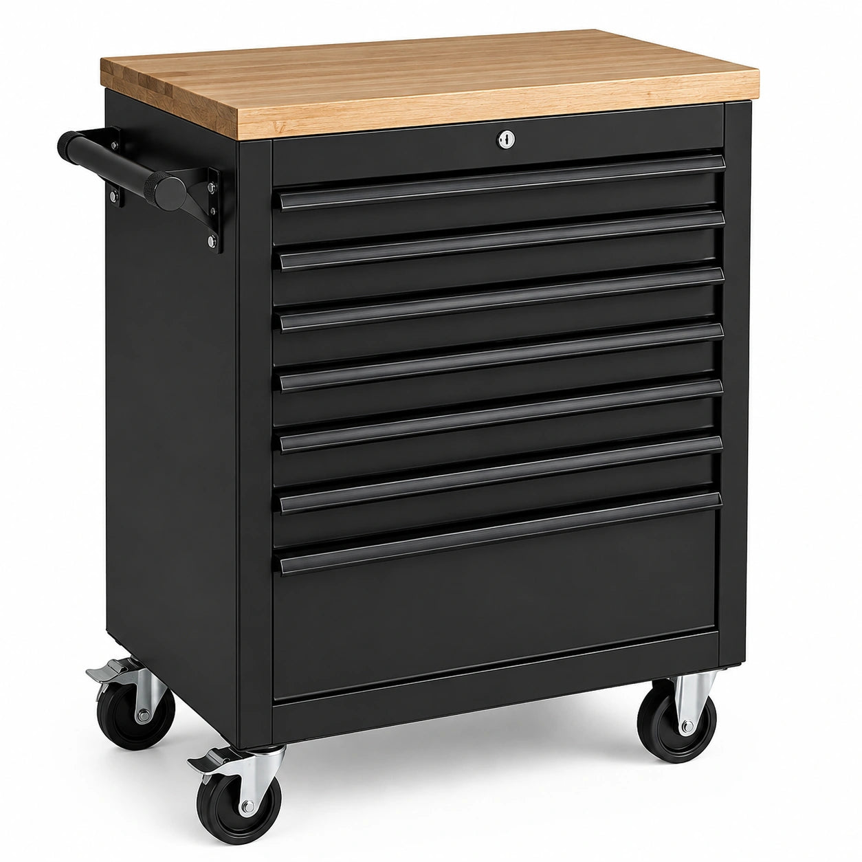 Carrello portautensili in metallo nero con 7 cassetti e piano in legno di quercia