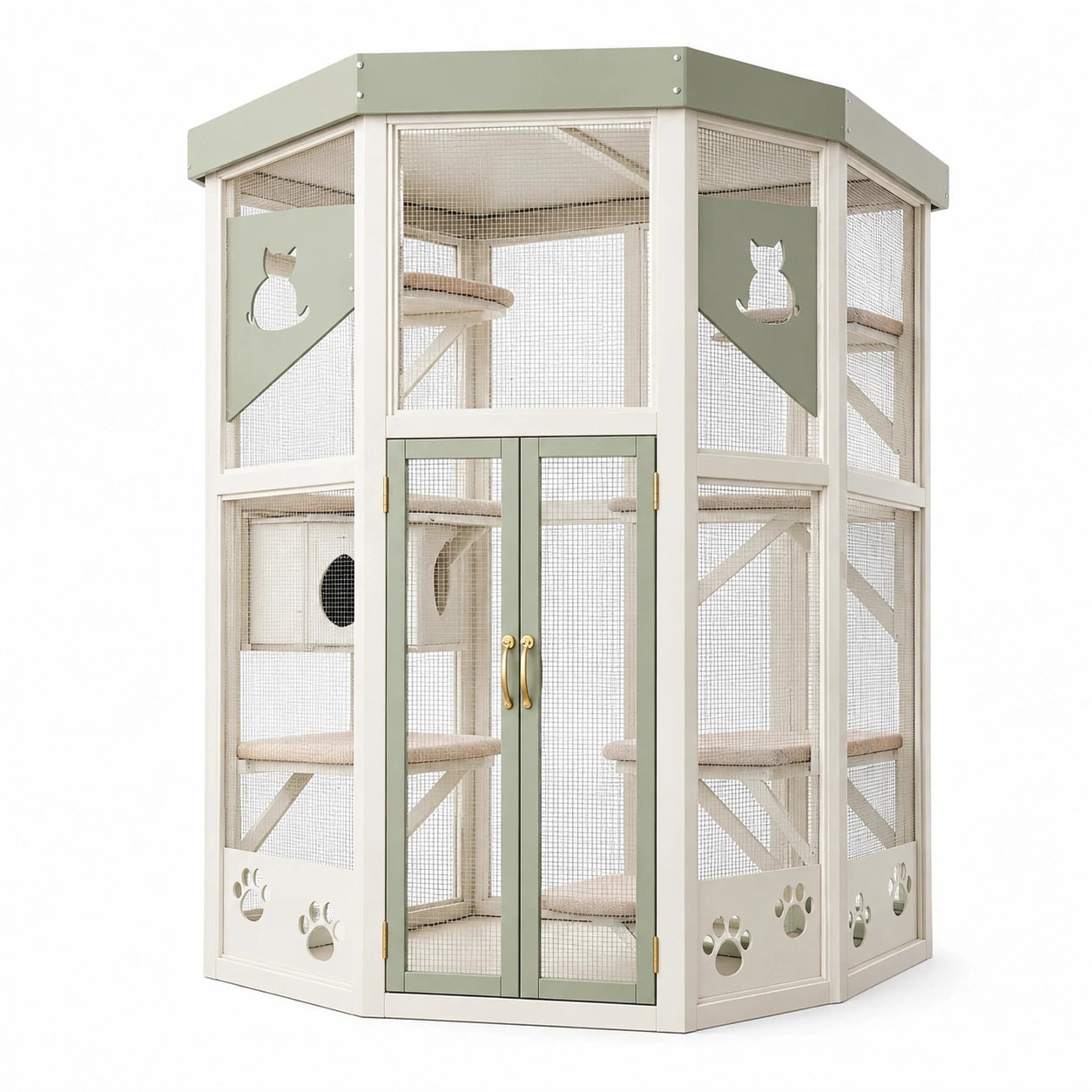 Gabbia per gatti in legno e rete metallica beige/verde con piattaforme