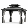 Gazebo in Metallo con Tetto Nero e Tende Grigie 300x300 cm