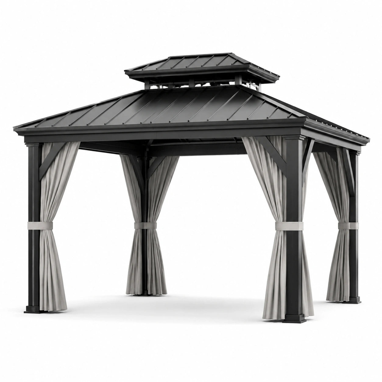 Gazebo in Metallo con Tetto Nero e Tende Grigie 300x300 cm
