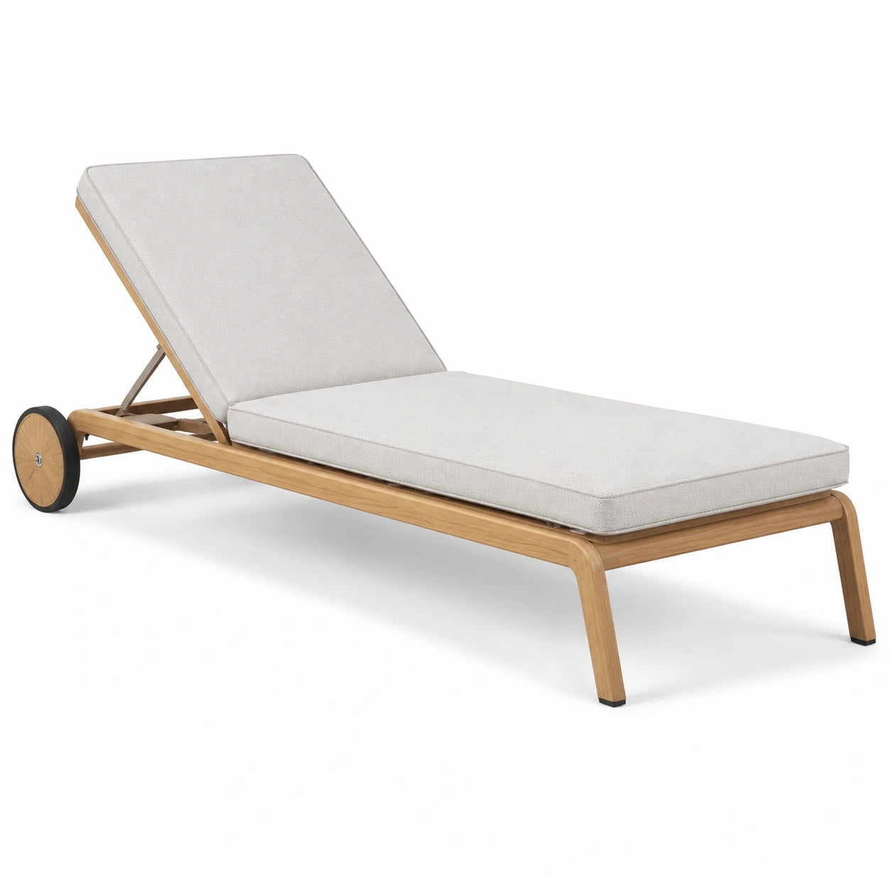 Lettino da esterno in teak con cuscino regolabile grigio e ruote